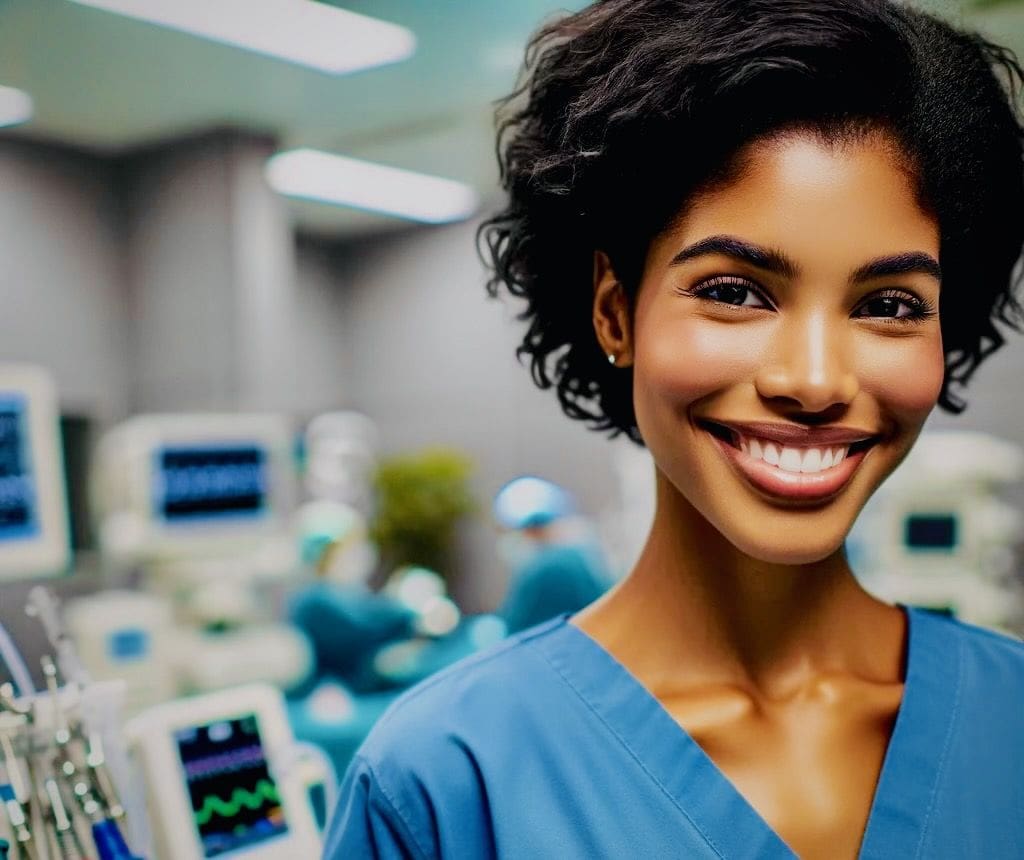 A woman in blue scrubs smiles for the camera.